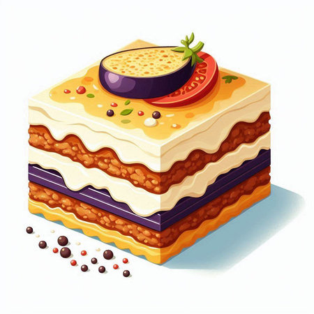 Illustration of a piece of lasagna with eggplant and tomatoesの写真素材