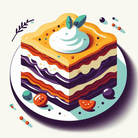 Slice of layered cake with cream and berries. Vector illustration.