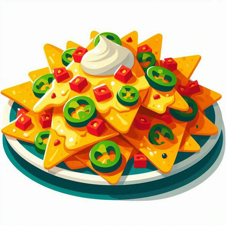 Illustration of a plate with Mexican nachos with melted cheeseの写真素材