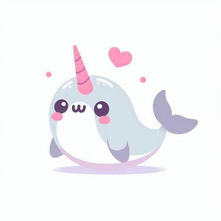 Cute narwhal with heart. Cartoon character. Vector illustration.の写真素材