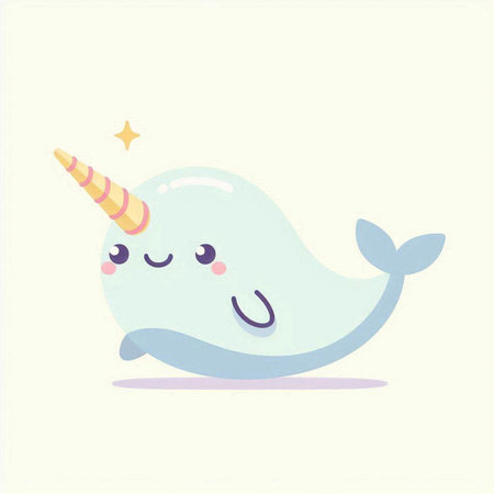 Cute cartoon narwhal. Vector illustration in flat style.の写真素材