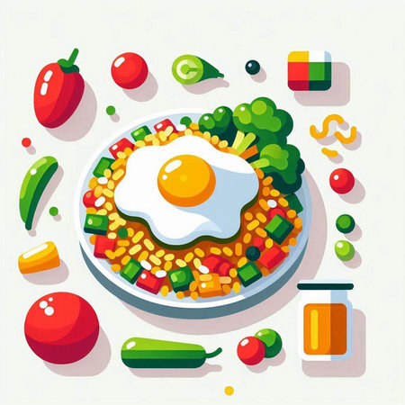 Fried rice with egg and vegetables. Healthy food. Vector illustrationの写真素材