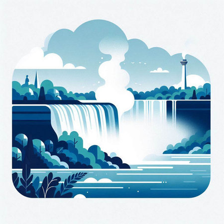 Waterfall and cityscape in blue and white colors, vector illustrationの写真素材