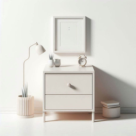White chest of drawers in modern interior. 3d render.