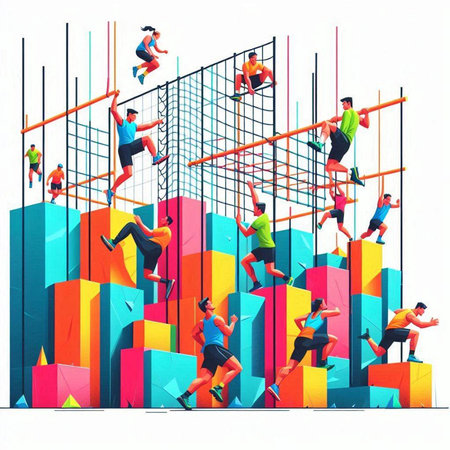 Vector illustration of a group of people climbing on a colorful structure.