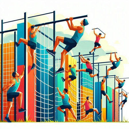 Vector illustration of a group of people jumping over the obstacle course.