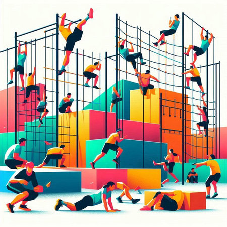 Group of young people playing an obstacle course. Vector illustration in retro style.の写真素材