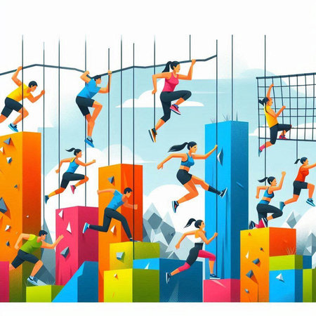 illustration of a group of people climbing a wall of the cityの写真素材