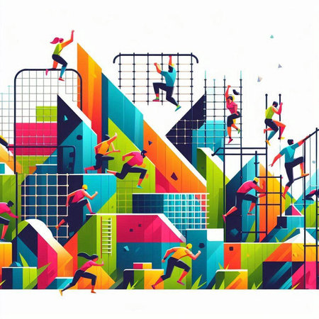 Vector illustration of people running in the city. Colorful background.の写真素材
