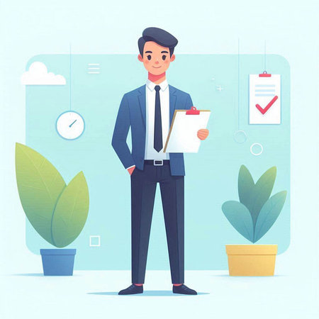 Businessman standing in office. Vector illustration in flat cartoon style.の写真素材