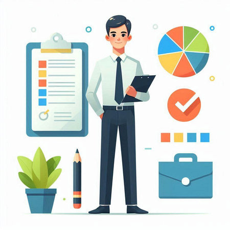 Businessman with clipboard and documents. Vector illustration in flat style.の写真素材