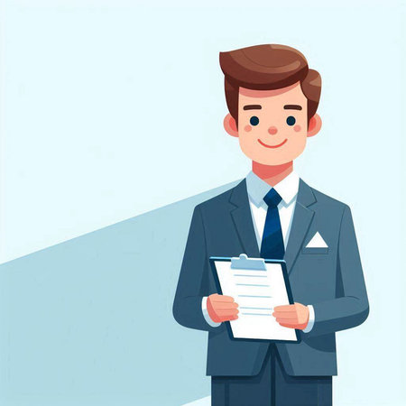 Businessman holding a clipboard. Vector illustration in flat cartoon style.の写真素材