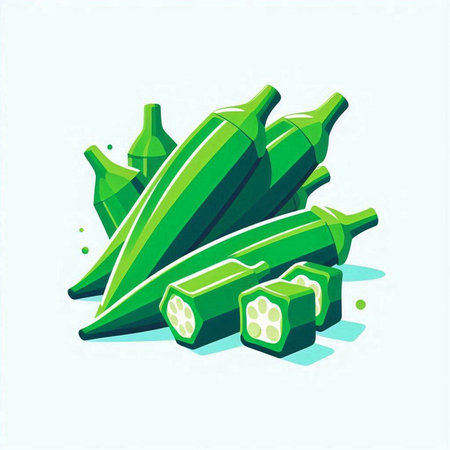 Okra logo. Vector illustration of fresh okra with green leaves.