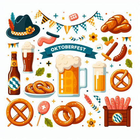 Oktoberfest elements. Beer, pretzel, sausage, pretzel, lollipop, pretzel, oktoberfest hat. Vector illustrationの写真素材