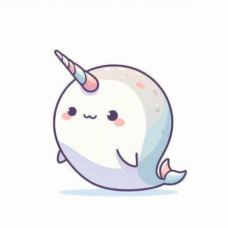 Cute white narwhal with unicorn horn. Vector illustration.の写真素材