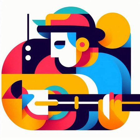 Guitar player in a hat and sunglasses. Vector illustration.