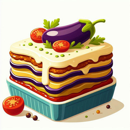 Illustration of lasagna with eggplant, tomato and parsley