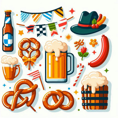 Oktoberfest flat icons set with beer and pretzel vector illustrationの写真素材