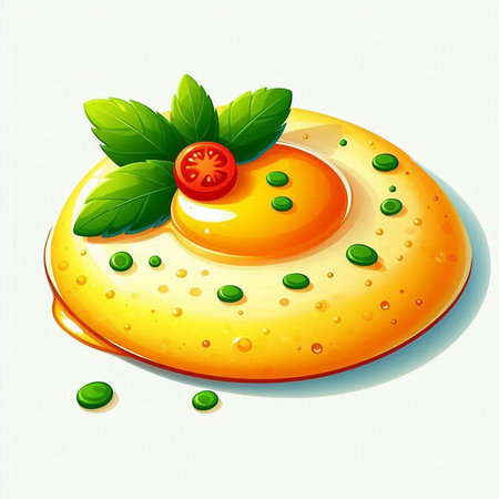 Illustration of an egg on a plate with green peas and mintの写真素材