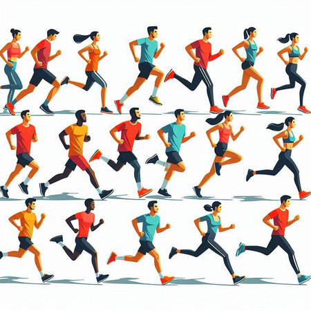 Running people. Group of men and women jogging, vector illustration