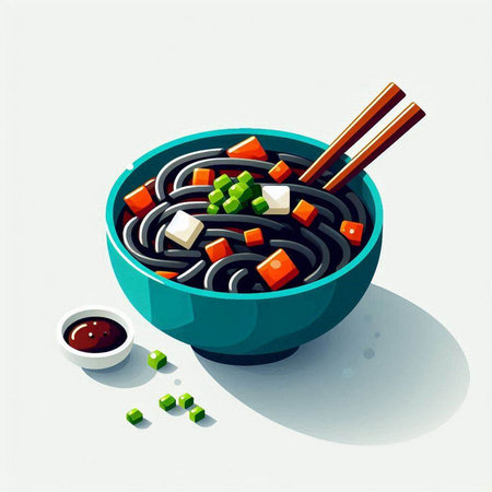 Noodles in a bowl with chopsticks. Vector illustration.