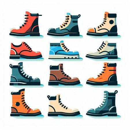 Set of different types of hiking boots. Flat style vector illustration.
