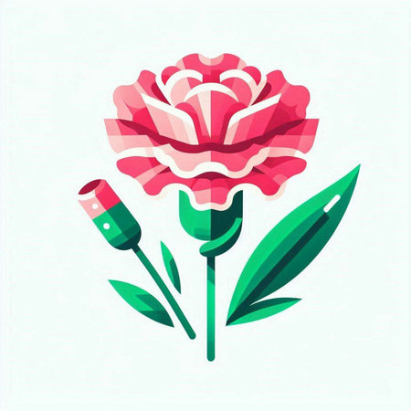 Flower icon. Vector illustration of a pink rose flower with green leaves.の写真素材