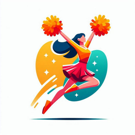 Cheerleader with pompoms jumping on a white background. Vector illustration.