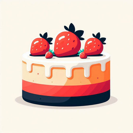 Strawberry cake with cream and strawberries on top. Vector illustration.