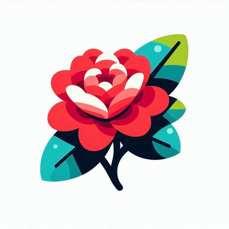 Red flower with green leaves on a white background. Vector illustration.の写真素材