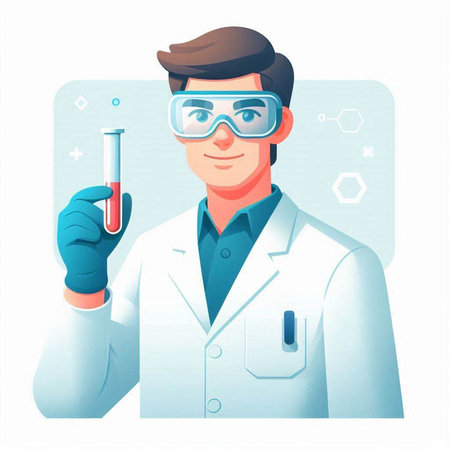 Scientist in white coat and glasses with test tube. Vector illustration.の写真素材