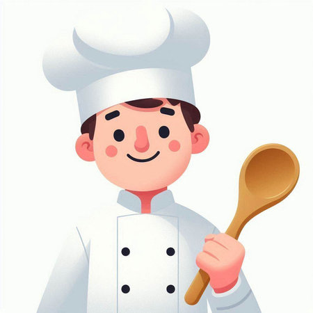 Illustration of a cute cartoon chef with a wooden spoon in his handの写真素材