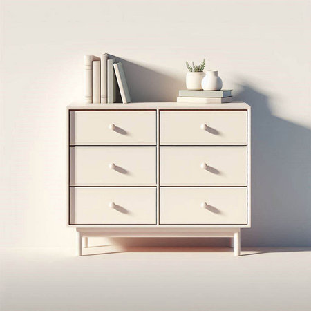 White chest of drawers with books in the interior. 3d rendering