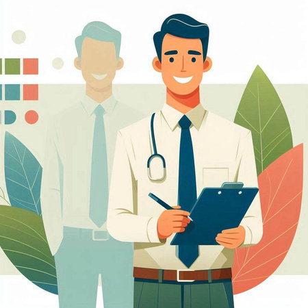 Doctor with stethoscope and clipboard. Vector illustration in flat styleの写真素材