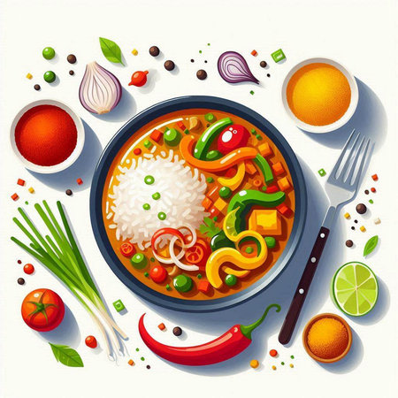 Rice with vegetables in the bowl on a white background. Vector illustration.
