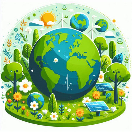 Ecology concept with green planet and solar panels. Vector illustration.