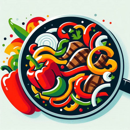 Frying pan with vegetables and meat. Vector illustration in retro style.の写真素材