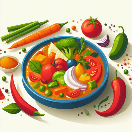 Vegetable soup in bowl with fresh vegetables. Vector illustration.の写真素材