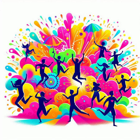 Silhouette of dancing people on colorful background. Vector illustration.