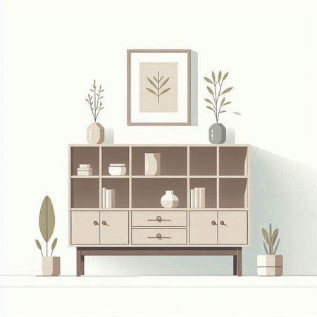 Modern living room interior with bookshelf, plants and decorations. Vector illustration.の写真素材