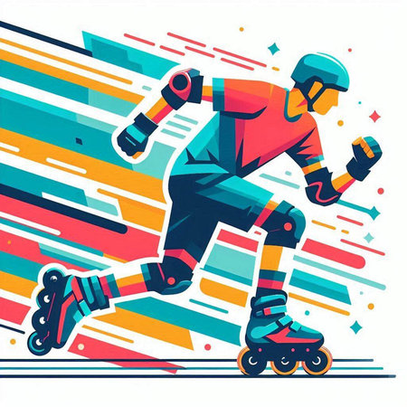 Roller skater in action on colorful background. Vector illustration.