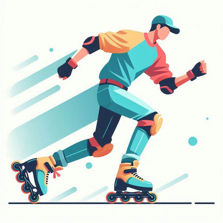 Vector illustration of roller skates and man in sportswear.