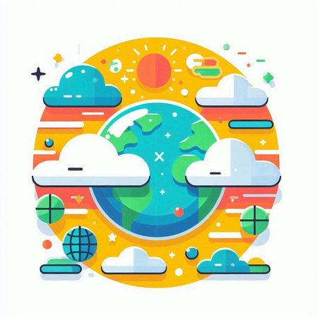 Earth planet with clouds and sun. Vector illustration in flat style.の写真素材