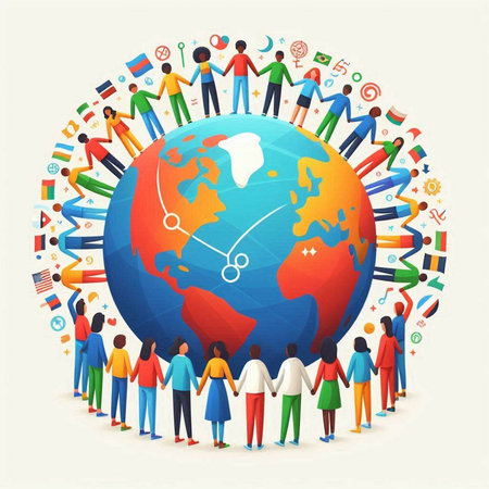 Global communication concept. Group of people around the globe. Vector illustration.