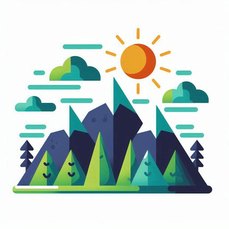 Mountains, sun and clouds in flat style. Vector illustration.の写真素材