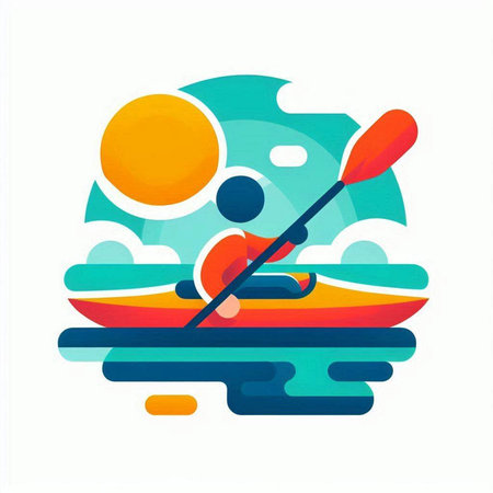 Kayaking flat icon. Canoeing on the river. Vector illustrationの写真素材