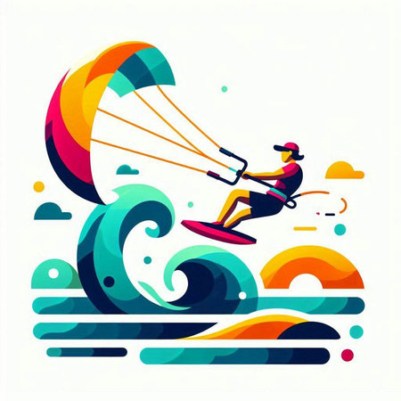 Kitesurfing. Vector illustration of a man riding a kite on the waves.の写真素材