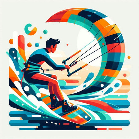 Kitesurfing. Man riding a kite. Vector illustration.の写真素材