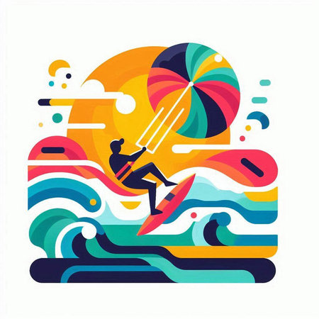 Surfer on the waves. Vector illustration. Flat style design.の写真素材