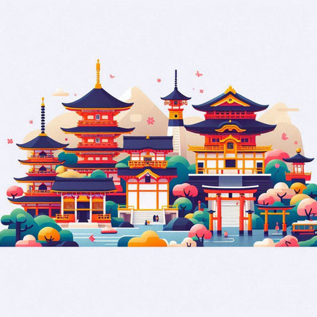 Landscape of chinese temple in flat style. Vector illustration.の写真素材